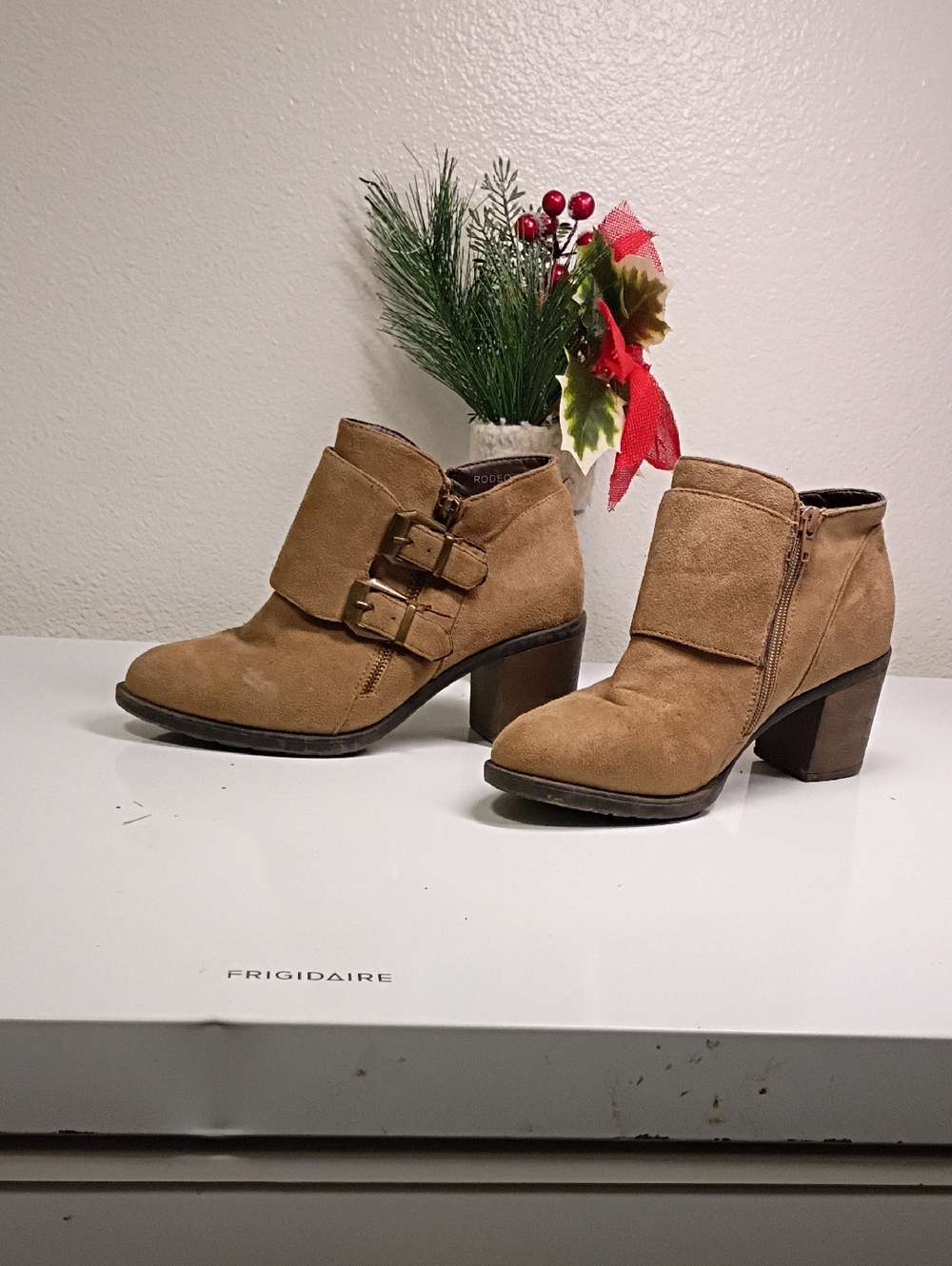 Hot Kiss Tan Suede Ankle Booties with Buckle Straps